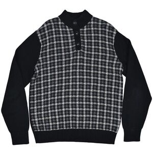 Chaps Plaid Sweater Black Gray Mock Neck Button Knit Preppy Academia Grandpa M